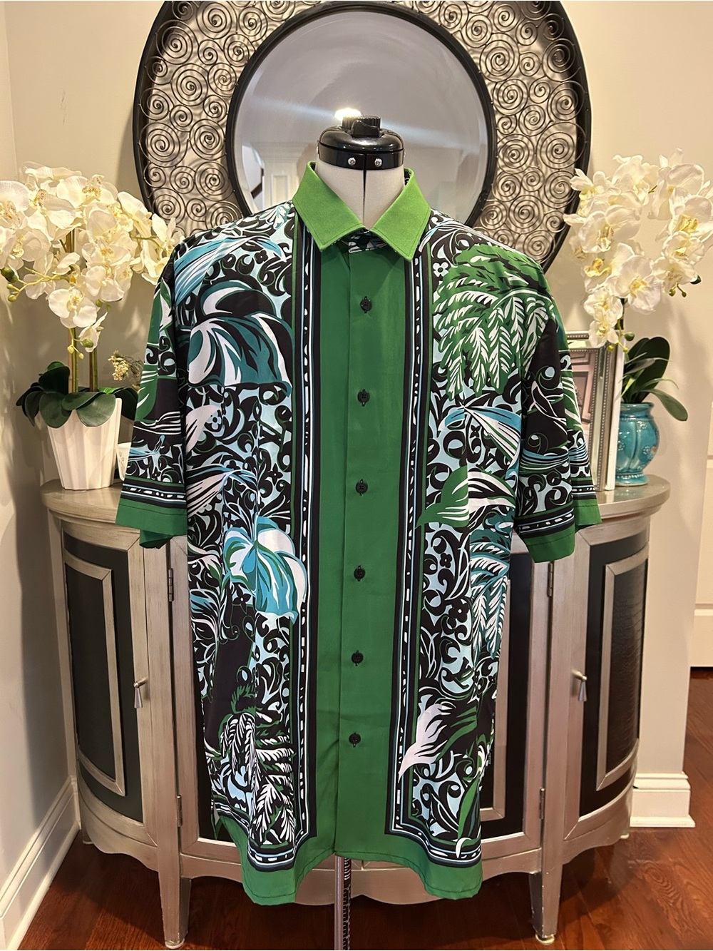 BARABAS Men's Green Tropical Print Short-Sleeve Button-Down Shirt